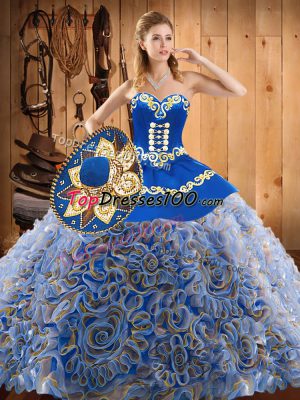 Sweetheart Sleeveless Sweep Train Lace Up Ball Gown Prom Dress Multi-color Satin and Fabric With Rolling Flowers