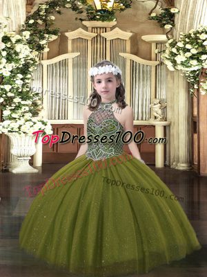 Olive Green Tulle Lace Up Little Girl Pageant Dress Sleeveless Floor Length Beading