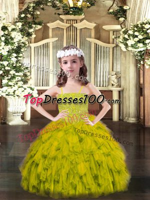 Eye-catching Beading and Ruffles Juniors Party Dress Olive Green Lace Up Sleeveless Floor Length