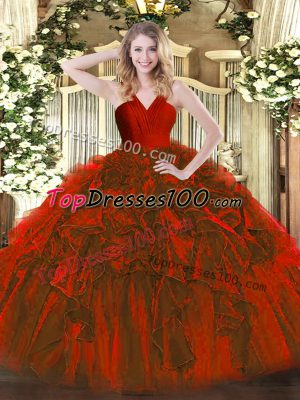 Hot Sale Organza V-neck Sleeveless Zipper Ruffles Quince Ball Gowns in Wine Red