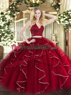 Wine Red Two Pieces Organza Halter Top Sleeveless Ruffles Floor Length Zipper Quinceanera Gowns