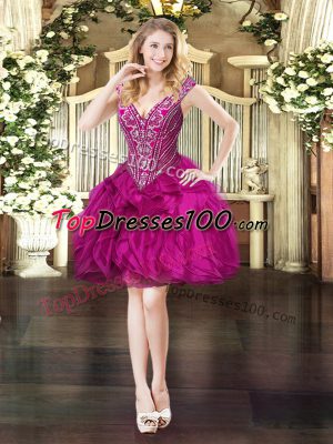 Traditional Organza Sleeveless Mini Length Evening Dress and Beading and Ruffles