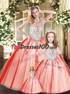 Eye-catching Tulle Scoop Sleeveless Lace Up Beading Sweet 16 Dress in Red