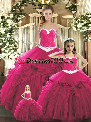 Fashionable Red Organza Lace Up Vestidos de Quinceanera Sleeveless Floor Length Ruffles