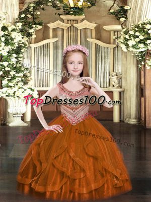 Rust Red Sleeveless Tulle Lace Up Little Girl Pageant Gowns for Party and Quinceanera