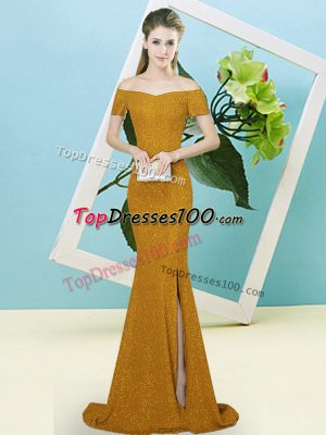 Stunning Short Sleeves Sequins Zipper Prom Party Dress with Brown Sweep Train