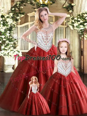 Wine Red Sleeveless Floor Length Beading Lace Up Vestidos de Quinceanera