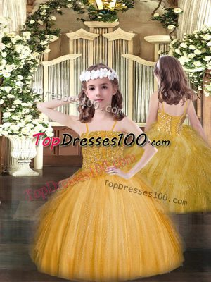 Cheap Tulle Spaghetti Straps Sleeveless Lace Up Beading and Ruffles Party Dress Wholesale in Gold