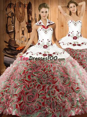 Fashion Multi-color Lace Up Halter Top Embroidery Sweet 16 Quinceanera Dress Fabric With Rolling Flowers Sleeveless Sweep Train