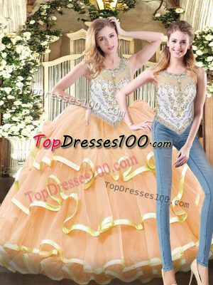 Perfect Peach Scoop Zipper Beading and Ruffled Layers Quinceanera Dresses Sleeveless