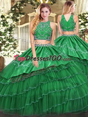 Captivating Green Zipper High-neck Beading and Embroidery and Ruffled Layers Quinceanera Dress Tulle Sleeveless