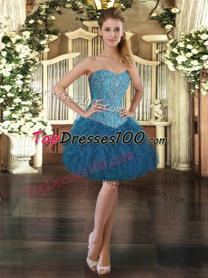 New Style Blue Sleeveless Mini Length Beading and Ruffles Lace Up