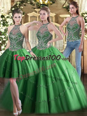 Tulle High-neck Sleeveless Lace Up Beading Quinceanera Dresses in Green