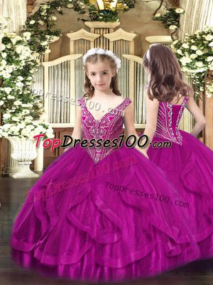 Custom Design Tulle V-neck Sleeveless Lace Up Beading and Ruffles Little Girls Pageant Gowns in Fuchsia