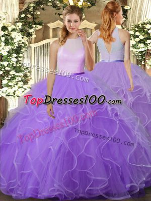 Lavender Backless Vestidos de Quinceanera Beading and Ruffles Sleeveless Floor Length