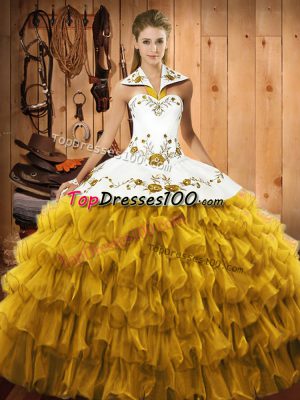 Nice Embroidery and Ruffled Layers Ball Gown Prom Dress Gold Lace Up Sleeveless Floor Length