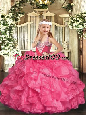 Cheap Hot Pink Sleeveless Organza Lace Up Child Pageant Dress for Party and Quinceanera