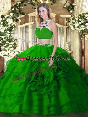 Floor Length Green 15 Quinceanera Dress High-neck Sleeveless Backless