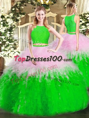 Ideal Multi-color Tulle Zipper Scoop Sleeveless Floor Length Quinceanera Gown Ruffles