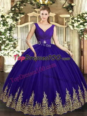 Edgy Purple Tulle Backless Quinceanera Dresses Sleeveless Floor Length Beading and Appliques