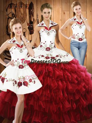 Wine Red Halter Top Lace Up Embroidery and Ruffled Layers Sweet 16 Quinceanera Dress Sleeveless