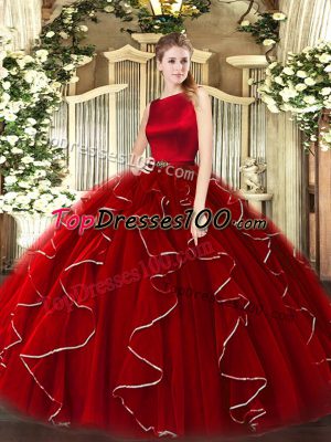Organza Scoop Sleeveless Clasp Handle Ruffles 15th Birthday Dress in Wine Red