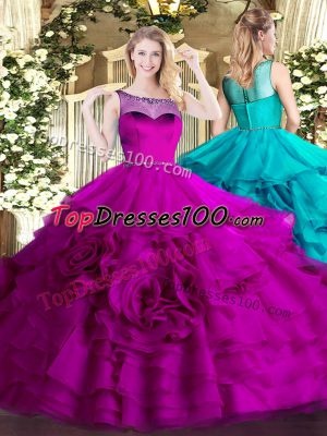 Extravagant Floor Length Ball Gowns Sleeveless Fuchsia Vestidos de Quinceanera Zipper