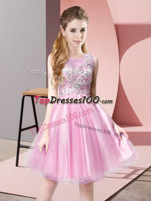 Luxurious Tulle Scoop Sleeveless Zipper Beading Prom Evening Gown in Rose Pink