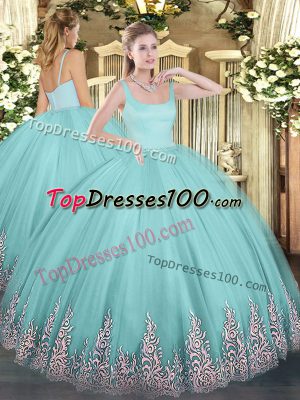Sleeveless Floor Length Appliques Zipper Quinceanera Gown with Aqua Blue