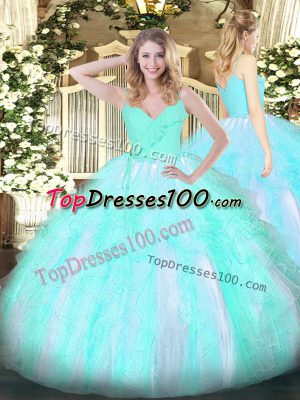 Ball Gowns Quince Ball Gowns Aqua Blue Spaghetti Straps Organza Sleeveless Floor Length Zipper