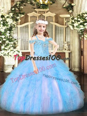 Perfect Baby Blue Sleeveless Beading and Ruffles Floor Length Kids Formal Wear