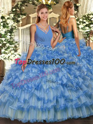 V-neck Sleeveless Organza Sweet 16 Dress Ruffled Layers Backless