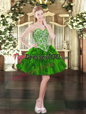 Custom Fit Mini Length Lace Up Prom Evening Gown Green for Prom and Party with Beading and Ruffles
