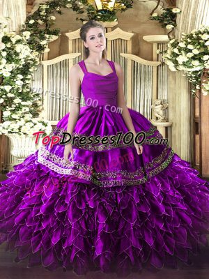 Traditional Fuchsia Organza Zipper Straps Sleeveless Floor Length Sweet 16 Dresses Beading and Lace and Ruffles