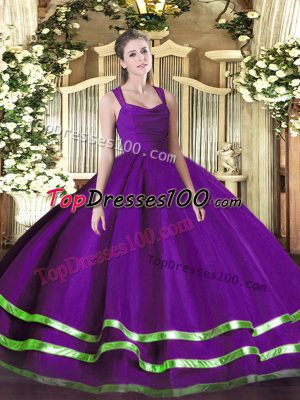 Purple Organza Zipper Straps Sleeveless Floor Length Sweet 16 Dress Beading and Ruffled Layers