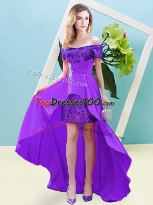 Elastic Woven Satin and Sequined Short Sleeves High Low Prom Evening Gown and Beading