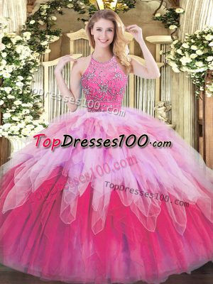 Cheap Multi-color Tulle Zipper Sweet 16 Quinceanera Dress Sleeveless Floor Length Beading and Ruffles