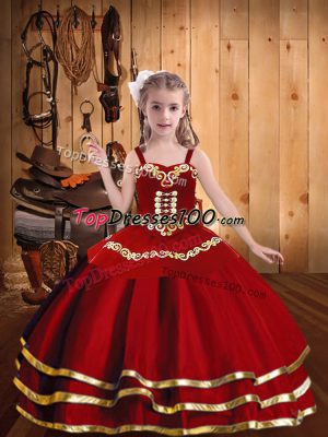 Inexpensive Floor Length Red Kids Formal Wear Organza Sleeveless Embroidery and Ruffled Layers