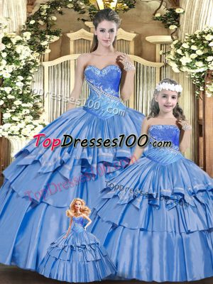 Clearance Baby Blue Ball Gowns Beading and Ruffles Quinceanera Gowns Lace Up Organza Sleeveless Floor Length