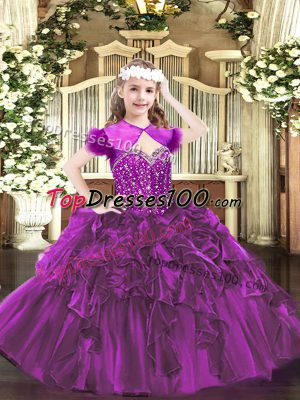 Fuchsia Ball Gowns Beading and Ruffles Little Girl Pageant Dress Lace Up Organza Sleeveless Floor Length