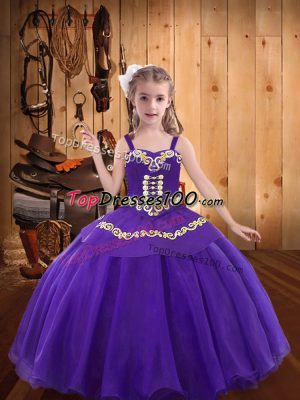 Eggplant Purple Ball Gowns Organza Straps Sleeveless Embroidery Floor Length Lace Up Little Girl Pageant Gowns
