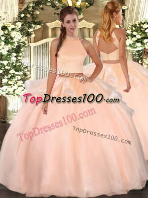 Trendy Sleeveless Floor Length Beading Backless Sweet 16 Dresses with Peach