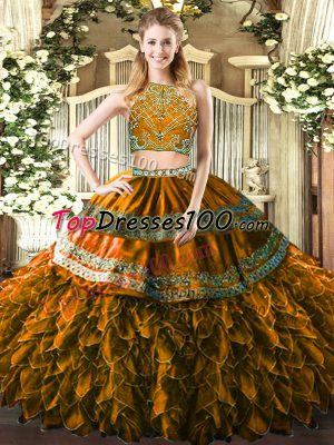 Floor Length Two Pieces Sleeveless Brown 15 Quinceanera Dress Zipper