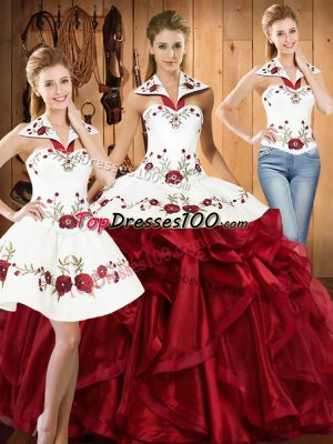 Flirting Embroidery and Ruffles 15 Quinceanera Dress Wine Red Lace Up Sleeveless Floor Length