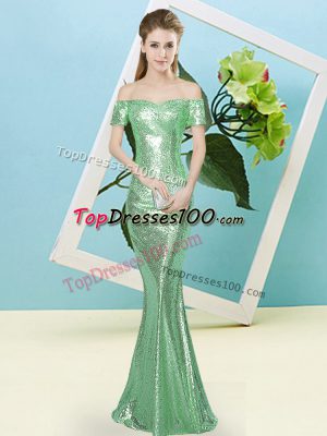 Fabulous Turquoise Off The Shoulder Zipper Sequins Prom Dress Short Sleeves