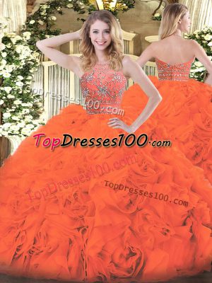 Designer Orange Red Tulle Zipper Quinceanera Gown Sleeveless Floor Length Beading and Ruffles