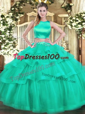 Charming High-neck Sleeveless Tulle Quinceanera Dresses Ruffled Layers Criss Cross