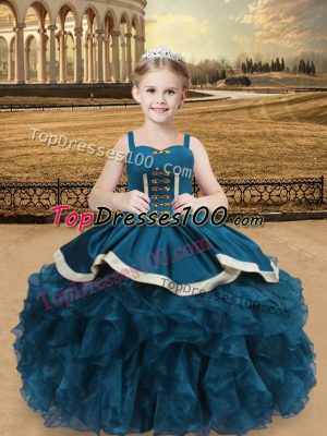 Sweet Straps Sleeveless Kids Formal Wear Floor Length Beading and Ruffles Teal Organza and Taffeta