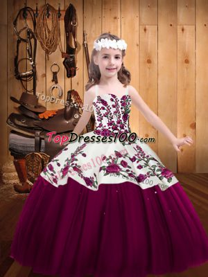 Custom Designed Fuchsia Lace Up Straps Embroidery Pageant Dress Tulle Sleeveless