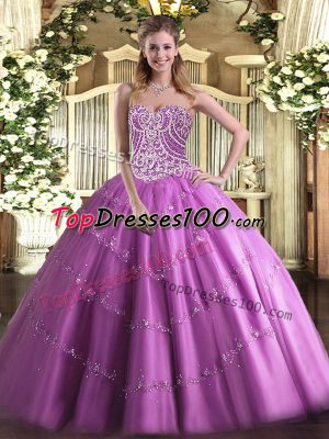 Floor Length Lilac Quinceanera Dresses Tulle Sleeveless Beading